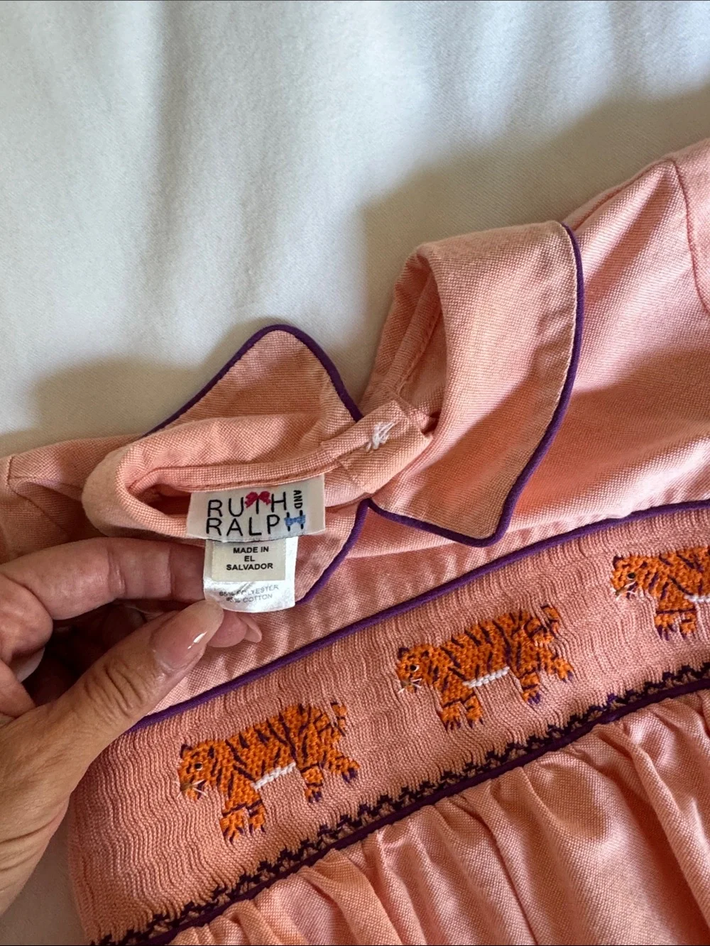 Smocked Orange Baby Bubble Romper with Tiger Embroidery